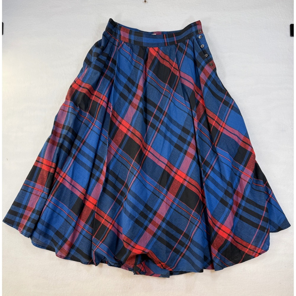 Liz Claiborne 14 Plaid Skirt Dark Academia Cotton Linen Side Button Midi